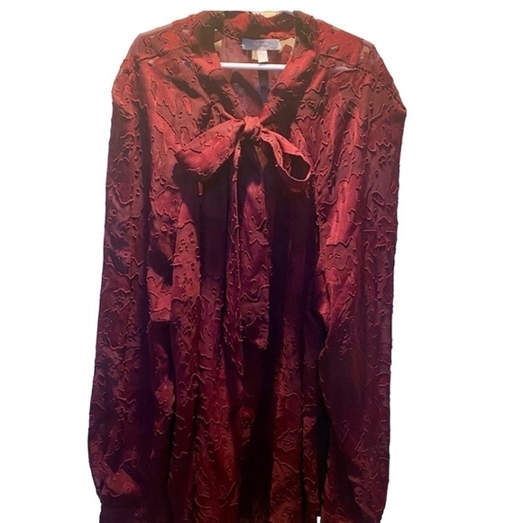 Nicola by EK Burgandy Sheer Chiffon Blouse with Bow at Neckline Size L - Picture 2 of 10
